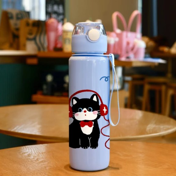 Cartoon Music Kitten Pattern Water Bottle, 3D Printed Fade-resistant Design, High Appearance, Lightweight & Leakproof,Daily