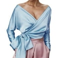 thumbnail image 1 of Blusa elegante con cuello en V y cinturón para mujer - Color liso, poliéster, para salidas informales o formales en otoño, 1 of 5