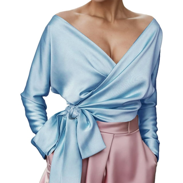 Blusa elegante con cuello en V y cinturón para mujer - Color liso, poliéster, para salidas informales o formales en otoño