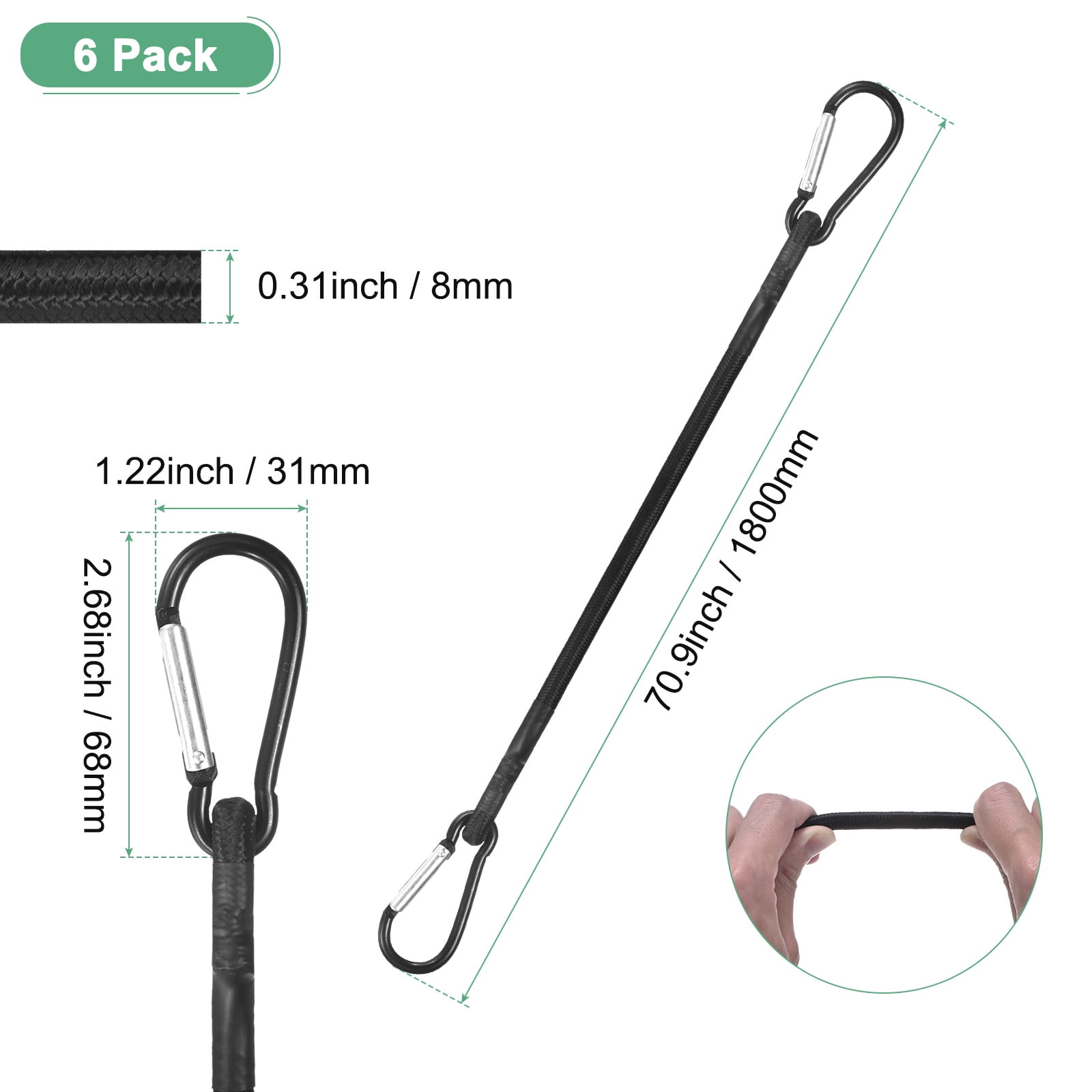 Uxcell 6-Pack Bungee Cords, 70.9 Inch High Elastic Canopy Tarp Tie Down Bungee Straps with Aluminium Hooks [Black]