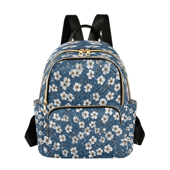 Qxltty Quilted Backpack for Women, Chic Blue White Floral Travel Daypack with Front Pocket for Casual Daily Use