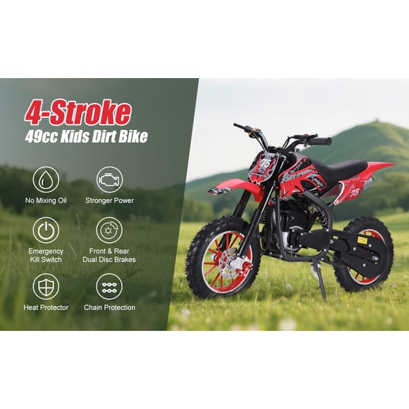 Kids Dirt Bike 49CC 4-Stroke Gas Powered Off Road Motorcycle, Maximum Speed 35km/H Children Pocket Motorbike with Disc Brakes