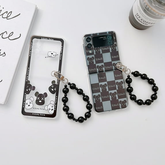 For Samsung Galaxy Z Flip4/Flip3 5G Phone Case,Shockproof Luxury Grid Bear Case Cover,PC Slim Stand Cover With Bracelet