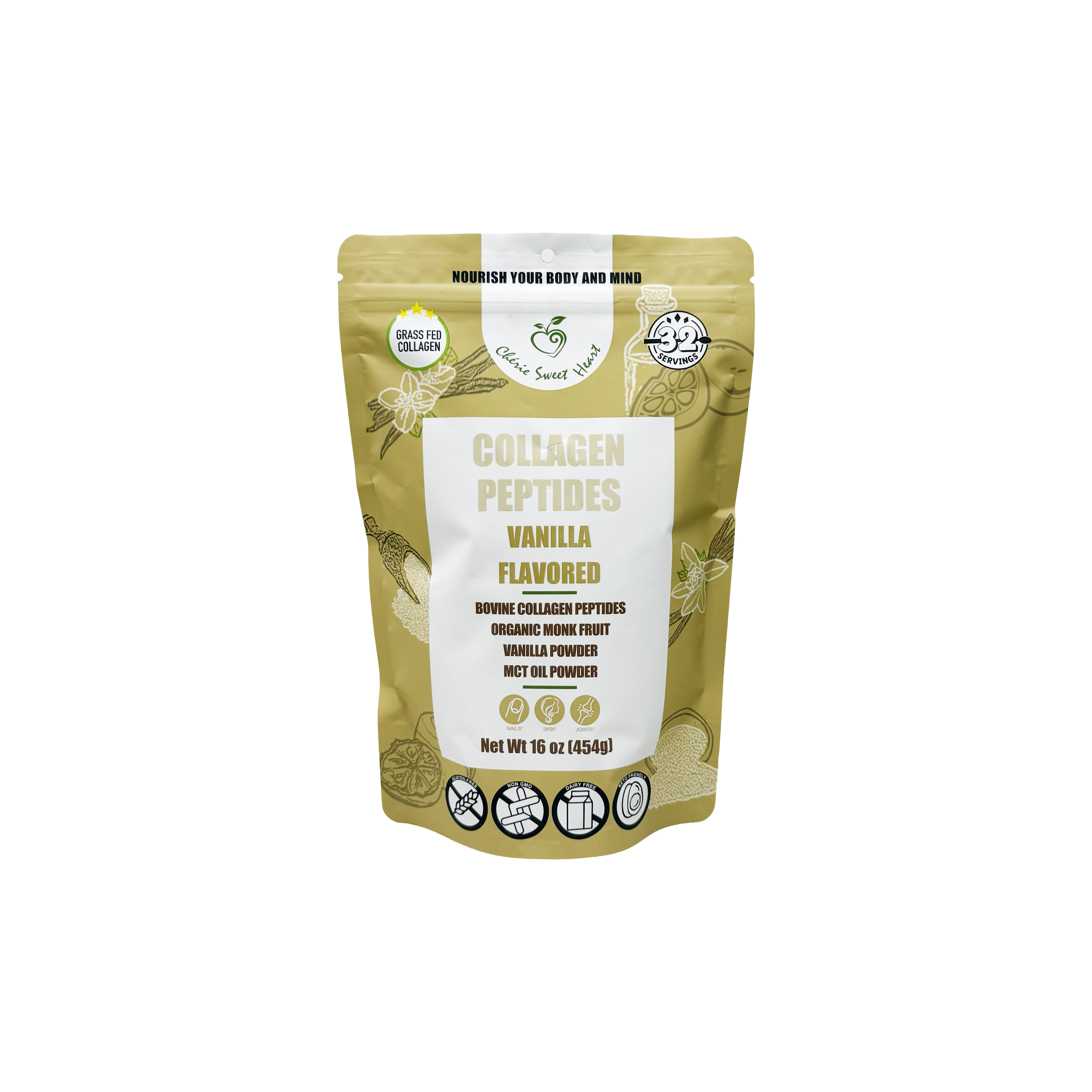 Cherie Sweet Heart Collagen Peptides Hydrolyzed Powder, 9 g, 32 Servings, Vanilla