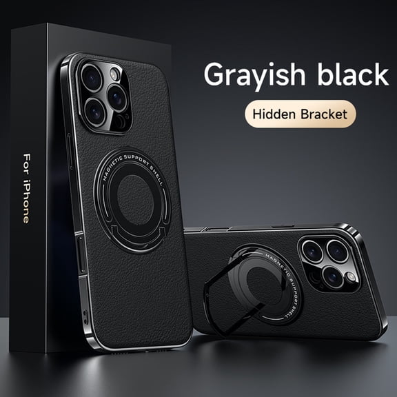 for iPhone 14 Pro Max Plating Case with Magnetic Invisible Ring Stand, Compatible with Mag-Safe PU Leather Business Shockproof Military Grade Protection Classic Luxury Slim Phone Cases, Black