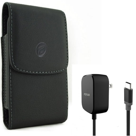 5ft Long 15W Fast Home Charger w Holster Leather Case Belt Clip for Motorola Moto Z Force Droid, Revvlry Plus, G7 - OnePlus 6T, 6 - Razer Phone 2 - Samsung Galaxy S9 Plus S22 Plus S10 Plus