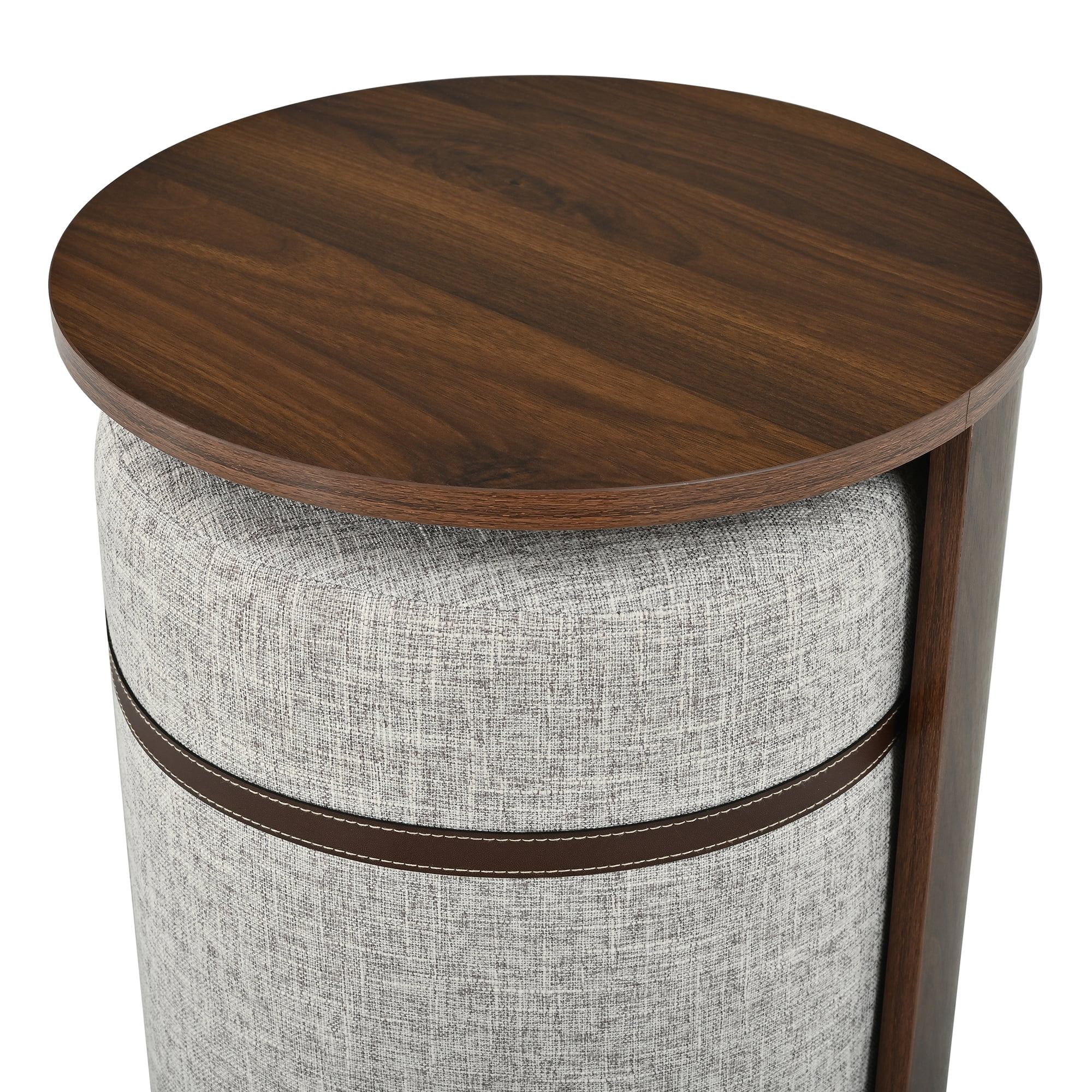 Pull Out Combo End Table 14.96 Inch, Round Side Table with Detachable Stool for Living Room Bedroom, Brown