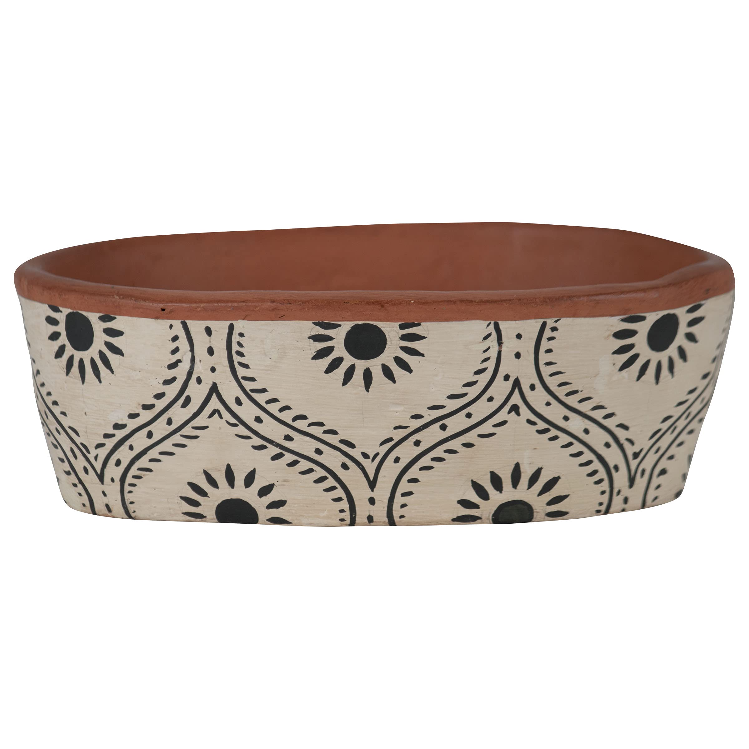 Foreside Home & Garden Natural Handthrown Oval Terracotta Planter with Handpainted Block Pattern