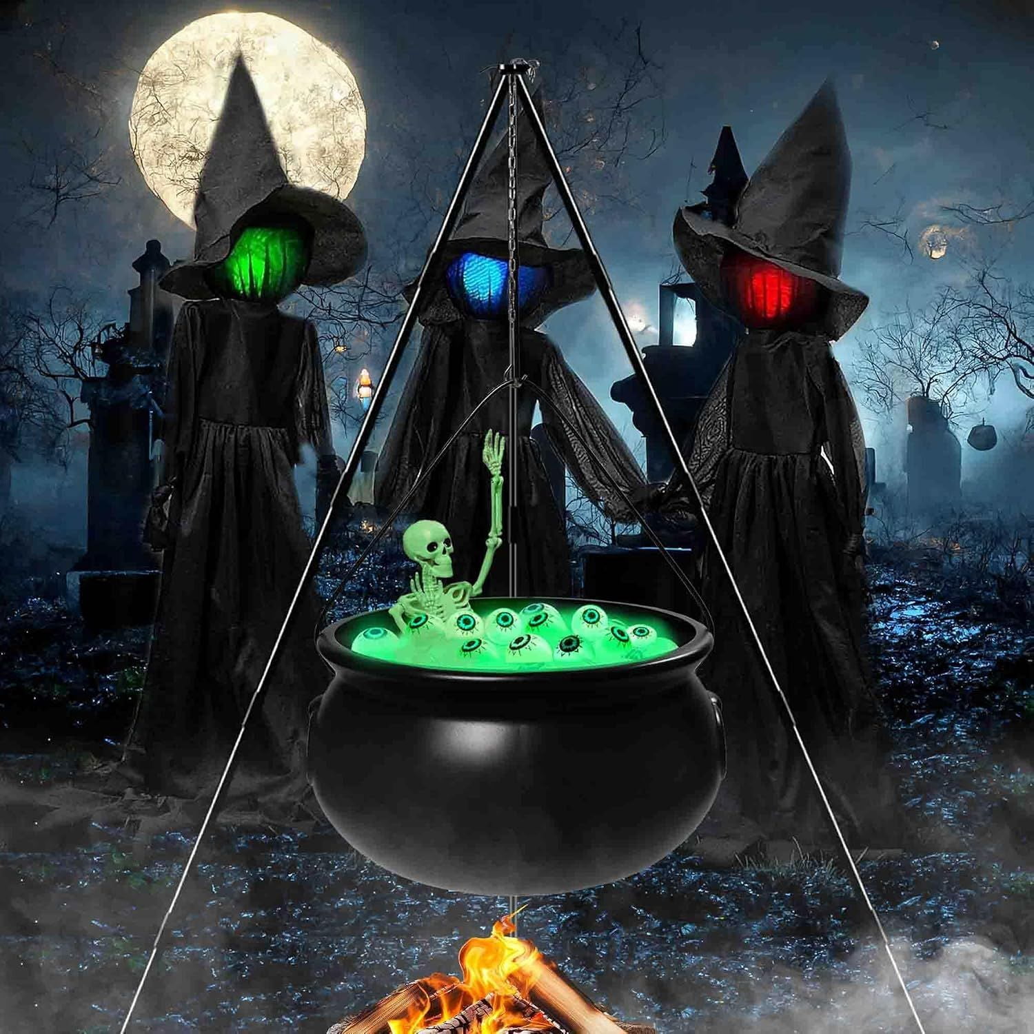 Halloween Witch Cauldron with Tripod, Lighted Eyeballs, Skeleton and Filling Cotton, Outdoor and Indoor Yard, Porch and Party Decoration