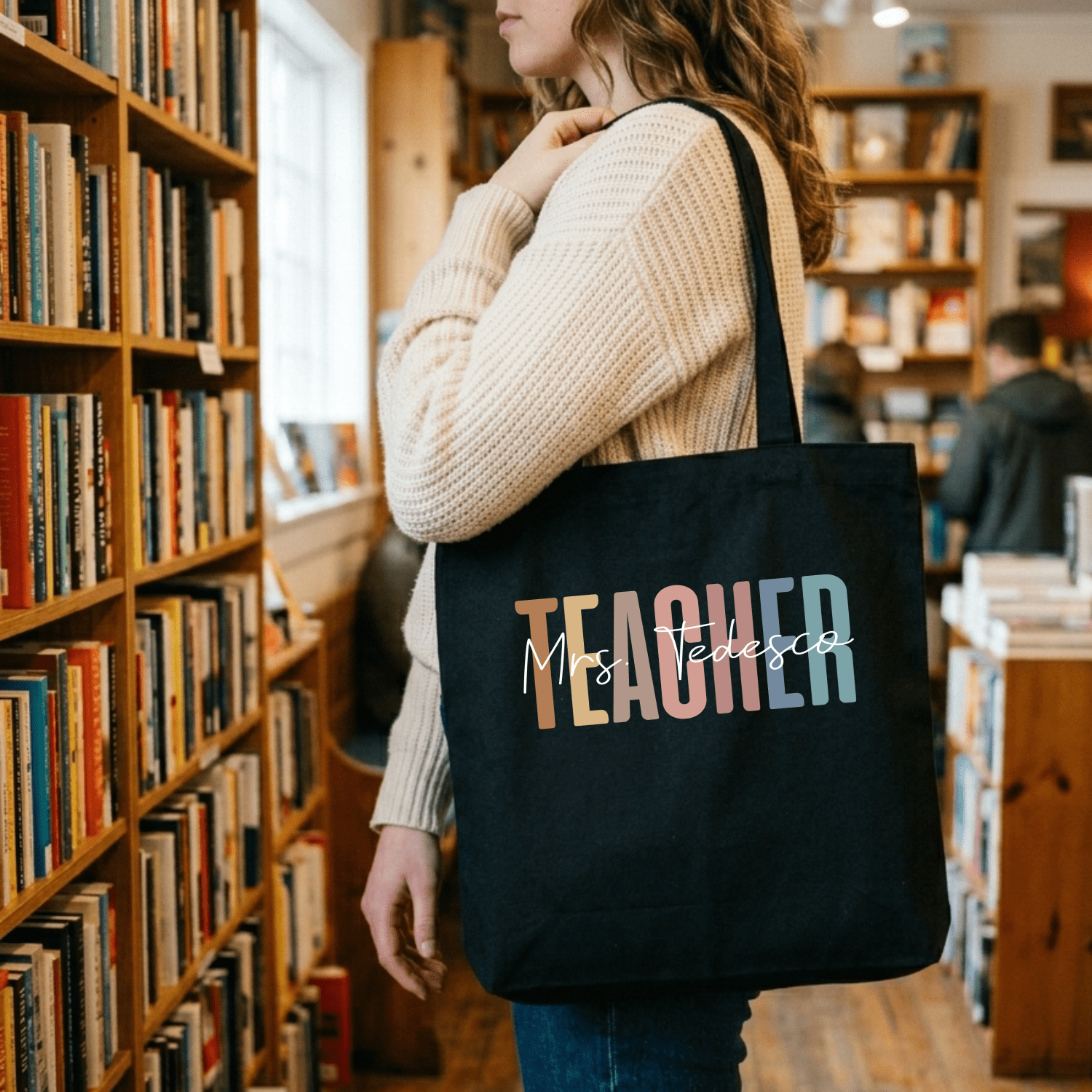 Personalized Teacher Canvas Tote Bag with Custom Name, Boho Retro Multi-Color Teacher Appreciation Gift Shoulder Shopping Bag
