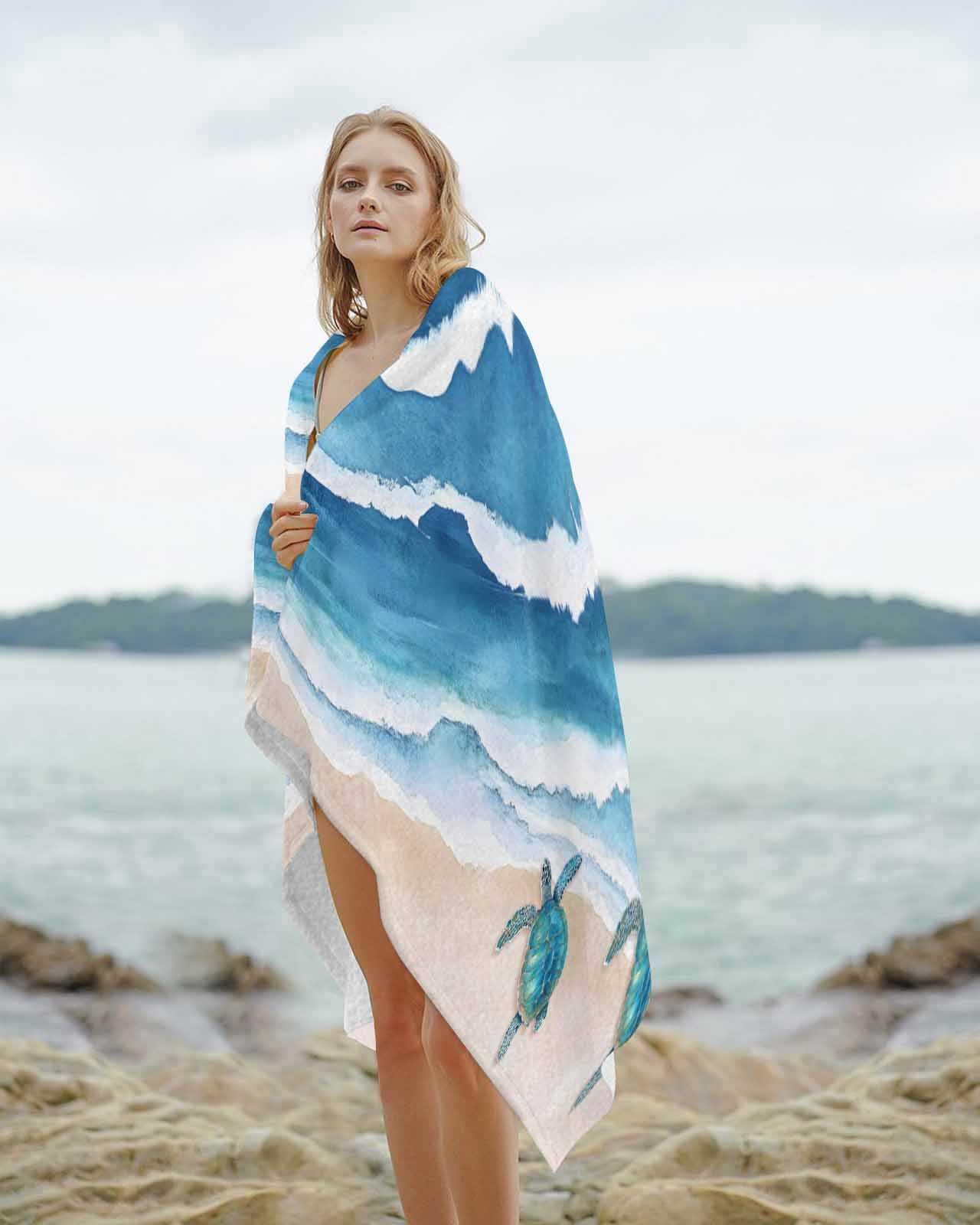 Blue Coastal Beach Towels Oversized Super Absorbent, Sea Turtle Summer Beach Waves Nautical Lightweight Bath Towel Quick Dry Sets For Bathroom/Pool/Rv Camping/Beach Play/Gym Room/Picnic 23"x47"