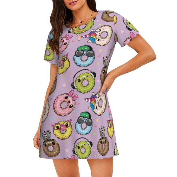 Fotbe Cute Donuts Bata de Dormir para Mujer con Estampado, Camisón de Algodón de Manga Corta, Ropa de Dormir Casual