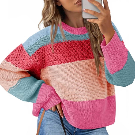 Women's Oversized Striped Cropped Sweater Casual Knit Pullover Top