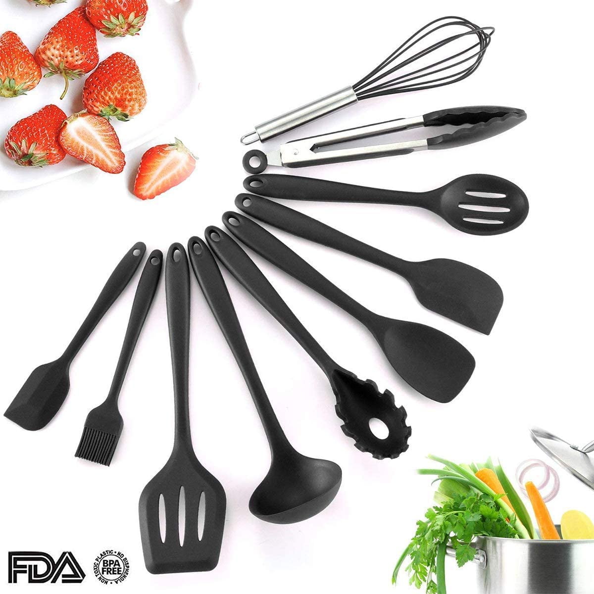 Kitchen Utensils Silicone Heat Resistant Cooking Utensil Non-Stick Set 10 Piece Cooking Set Kitchen Tools Turner Whisk Black Ladle Slotted turner Tongs Pasta Fork Spoon,Brush,spatula 
