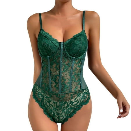 TrdSipl Womens Bodysuits Lace Mesh One Piece Lingerie Bodysuit Floral Cute Sheer Tummy Control Spaghetti Strap Corset Tops Green M