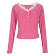 thumbnail image 6 of Htigea Women V Neck Lace Long Sleeve Shirts Basic Fitted Double Lined Going Out Y2K Trendy Fall Tops Hot Pink M, 6 of 7