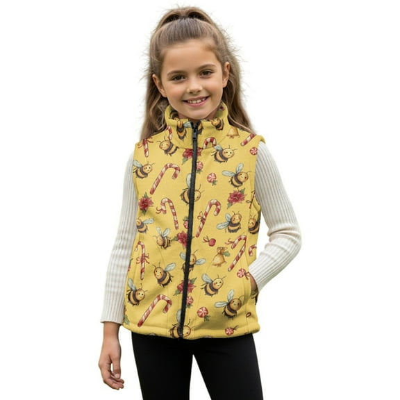 Xoenoiee Christmas Bee Candy Print Girls Polar Fleece Zipper Vest Kids Sleeveless Stand Collar Jacket Xmas Outerwear with Pockets for Travel Sports Running, Size 2T