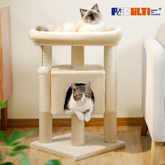 PEQULTI 28" Modern Cat Tree Tower with Large Top Perch for Kittens & Medium Size Cats Indoor Beige