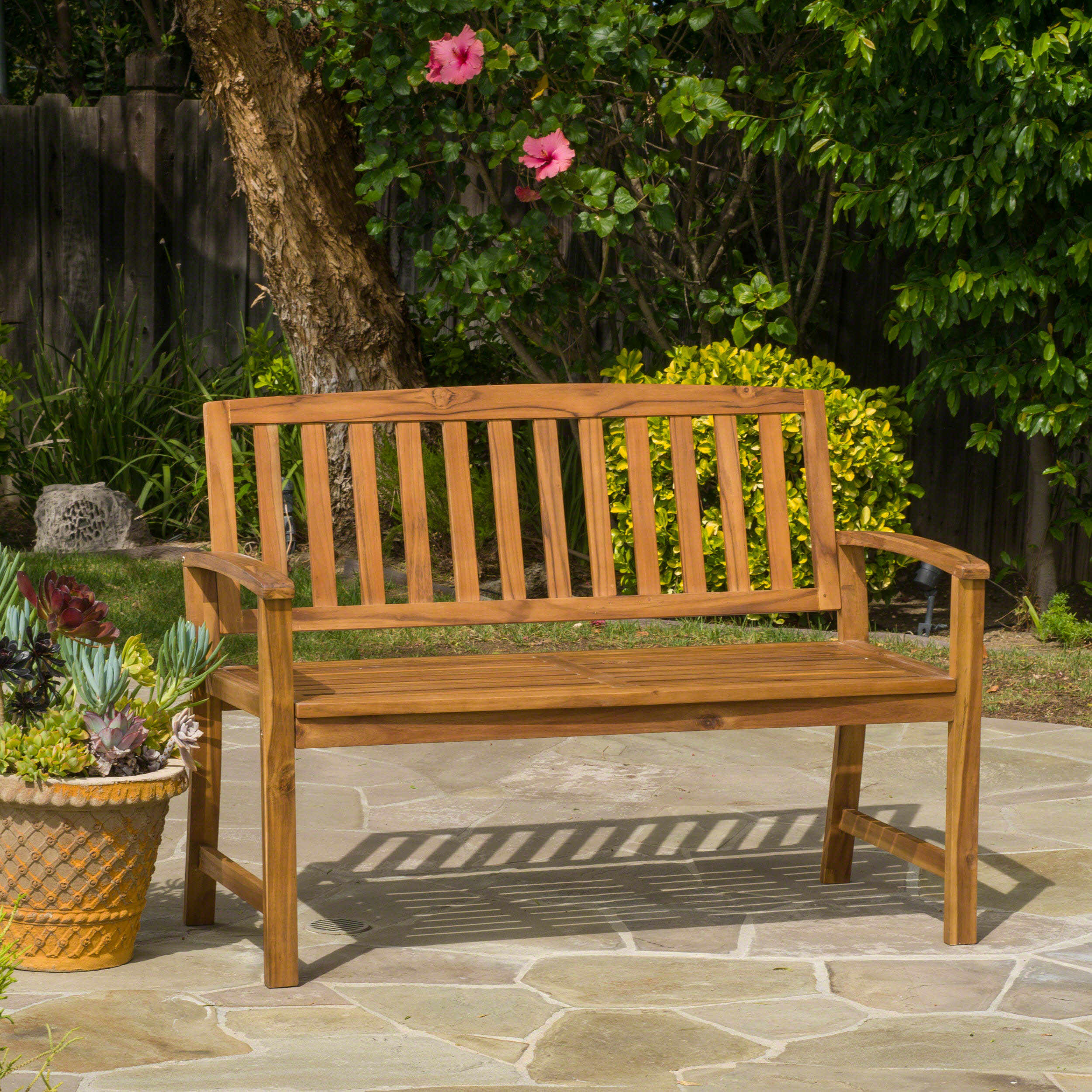 Outdoor Farmhouse Style Wood Leisure Bench, Retro Rest Seat for Patio Garden, Teak