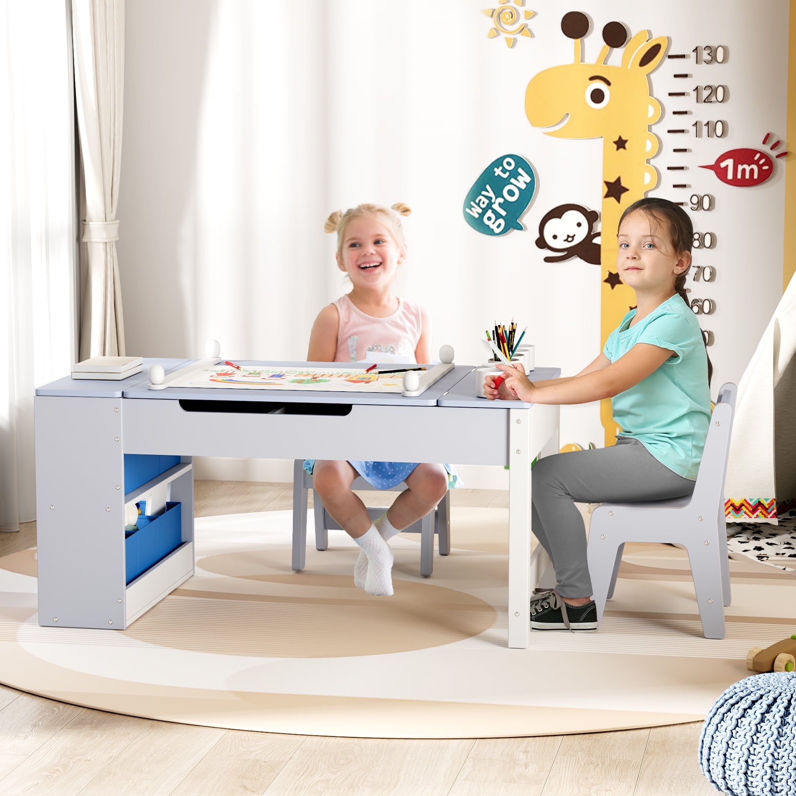 Arlopu 3 in 1 Kids Drawing Table & Chair Set Wooden Activity Craft Table with Art Easel Adjustable Tilt, 6 Storage Bins, 6 Paint Cup