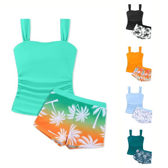 ZXLBBD Girls Swimsuit Summer 2 Piece Swimwear Sleeveless Slim Fit Cropped Tankini Top and Floral Print Shorts Vacation Outfit Casual Outdoor Beach,Green,14 Y-15 Y