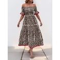 thumbnail image 2 of Women's Leopard Print Off Shoulder Flounce Sleeve Midi Dress 100% Polyester Ruched Smocked Bodice Elegance Evening Wear, 2 of 7