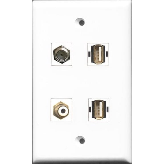 RiteAV 1 Port RCA White and 1 Port Coax Cable TV- F-Type 2 Port USB A-A Wall Plate