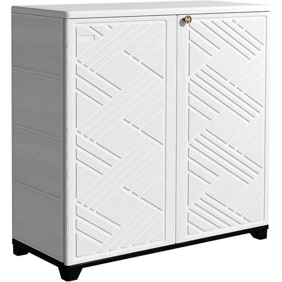 Waterproof Resin and Plastic Outdoor Storage Cabinet with 2 Shelves for Patio, Garden, Balcony, Backyard, White