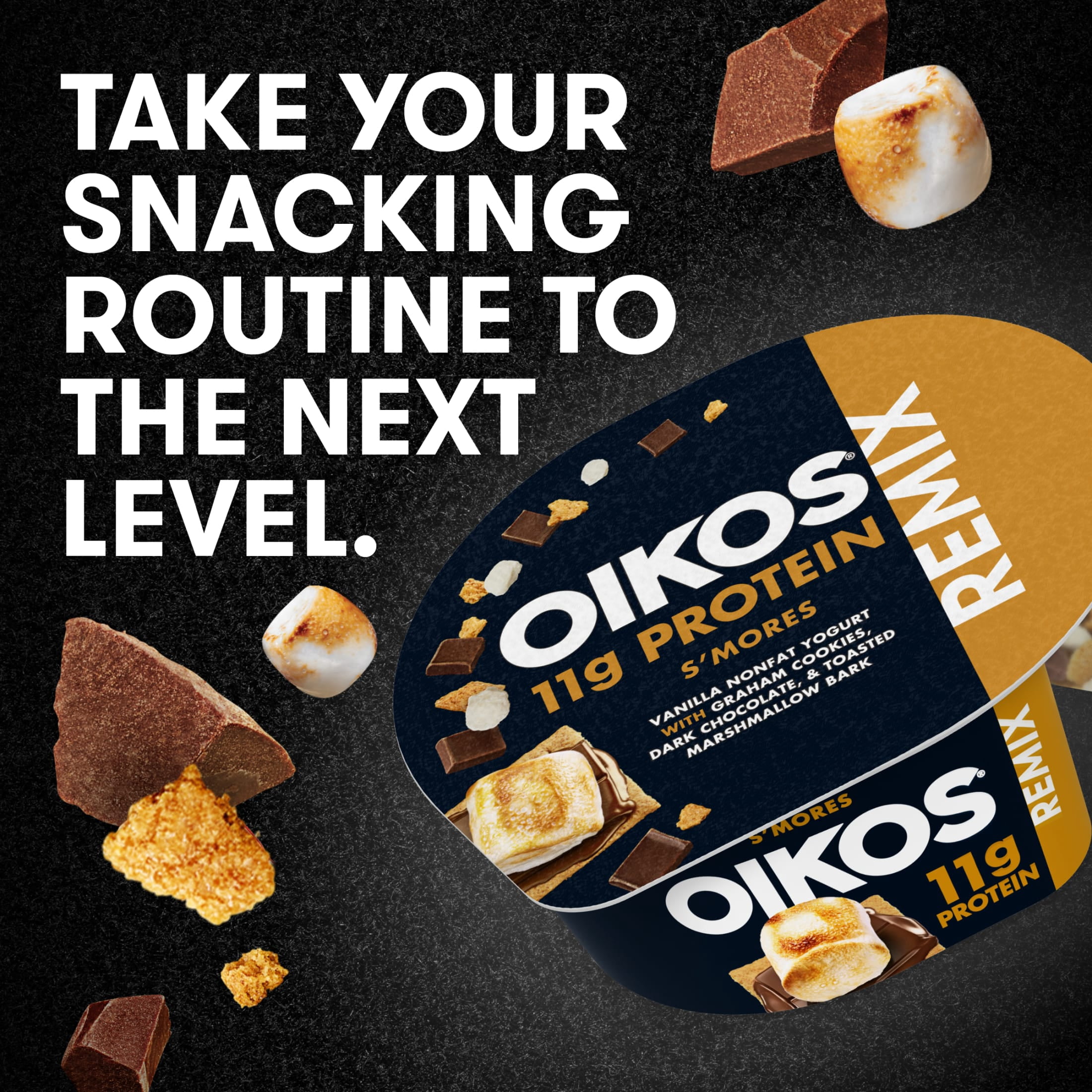 Oikos REMIX S'mores 11g Protein Vanilla Nonfat Greek Yogurt with Graham Cookies, Dark Chocolate and Toasted Marshmallow Bark Mix-Ins, 120 Calories, Great for Office Snacks, 4.5 oz Cup