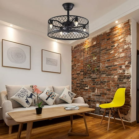 

Loyalheartdy 20 Caged Ceiling Fan Light Black Metal 3 Speeds Timing Rustic Pendant Fan Lamp W/ Remote 60W 4× E27 Base