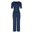 thumbnail image 4 of Womens Summer Lounge Matching Sets Short Sleeve Button V Neck Tops Drawstring Wide Leg Pants Casual Cotton Linen Sets, 4 of 7