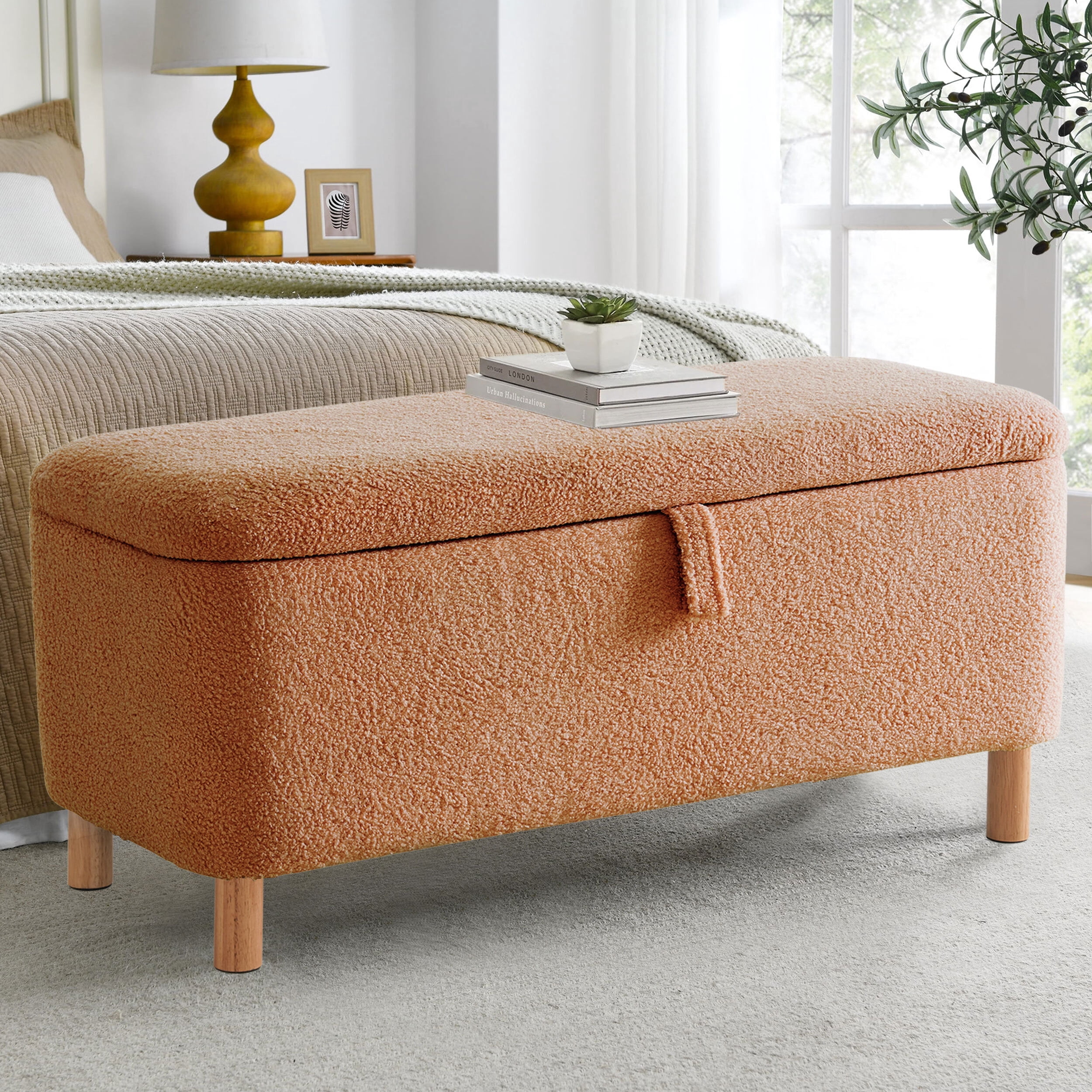 39.5" Boucle Storage Ottoman Bench for Living Room Bedroom Foot Rest End of Bed,Upholstered Entryway Seating,Solid Wood Leg,Light Orange