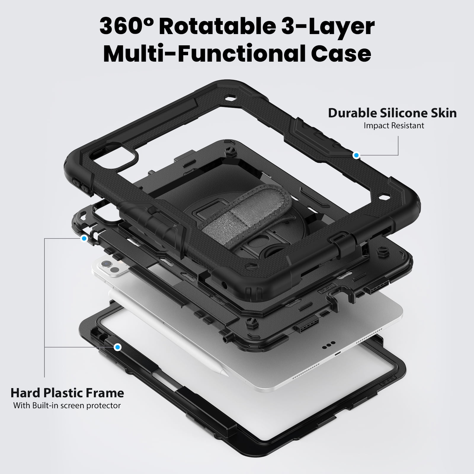 Allytechgroup Rugged Shockproof Case for Apple iPad Pro 11 Inch M4 2024, [Build in Screen Protector] Protective Hand Strap Kickstand [Shoulder Strap] Pencil Holder Kids Friendly Case Cover,Black