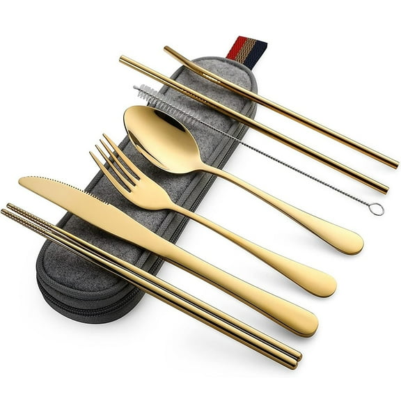 8Pcs Stainless Flatware Set Portable Reusable Cutlery Set Chopsticks Knife Fork Straws For Travel&Home,Dishwasher Safe(Gold)