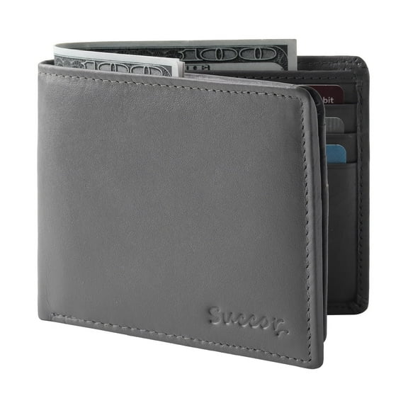 Leather Wallets For Men Bifold - Grey Leather Wallet - Rfid Blocking Wallets For Men - 9 Credit Card Holder Wallet - Middle Zip - Leather Bifold Wallet - By Succor