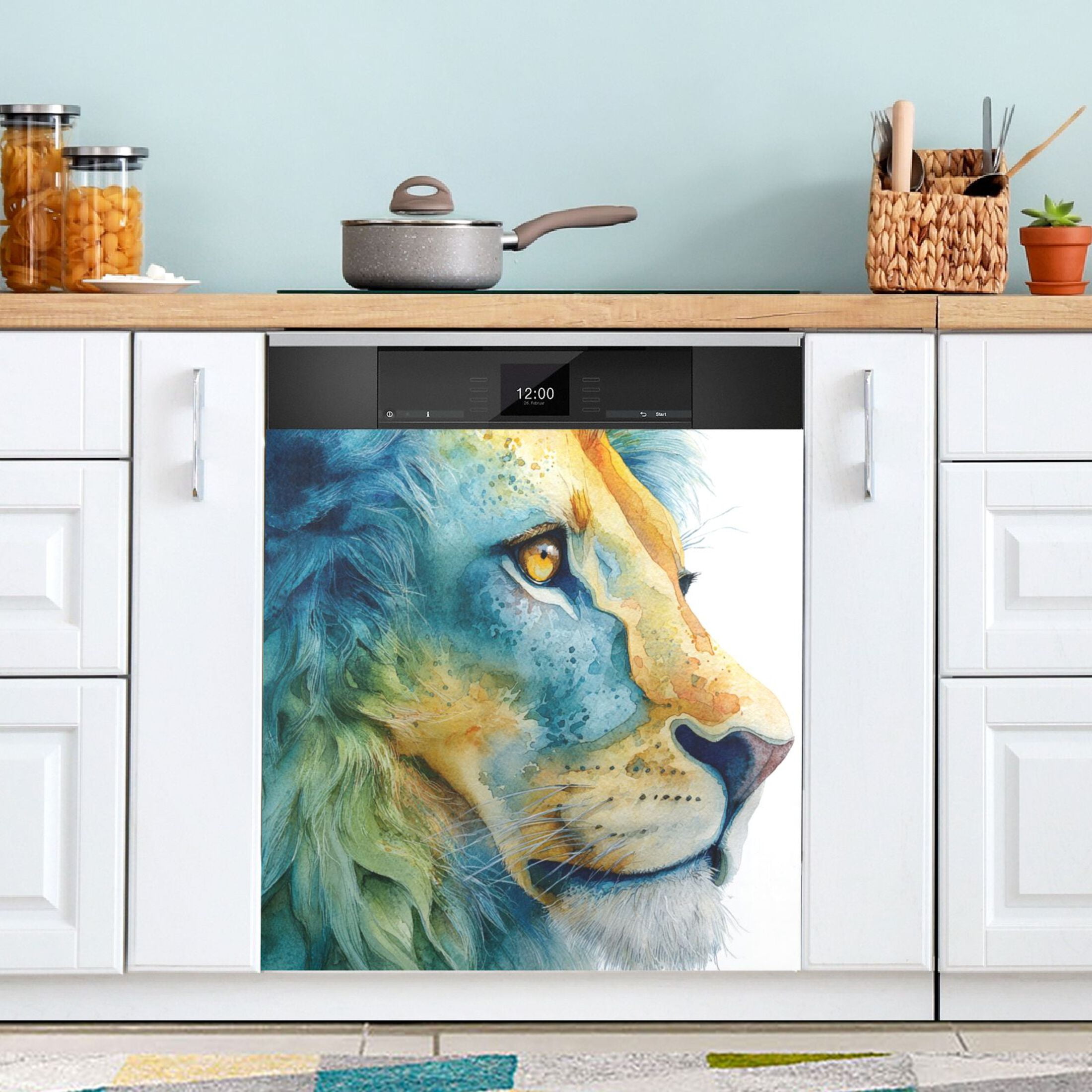 Dishwasher Magnetic Sticker 23x26 Inch Refrigerator Magnetic Sticker Washing Machine Magnetic Sticker Kitchen Panel Magnetic Sticker Home Decor Watercolor Blue Lion