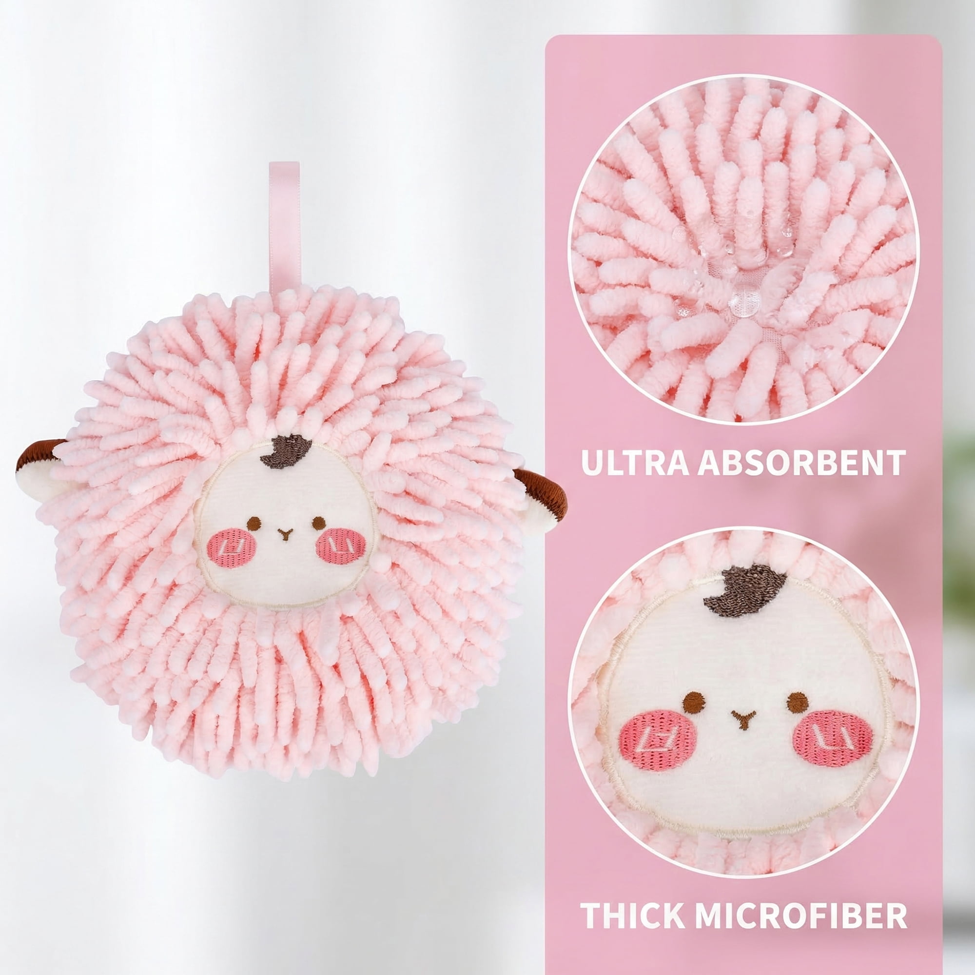 Unique Bargains Cute Sheep Animal Chenille Soft Hanging Hand Towel Pink 6" x 6"