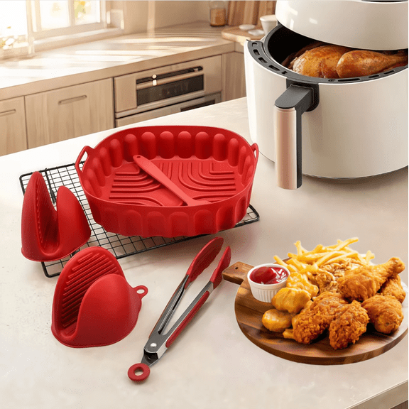 Serencreathomea All‑in‑One Silicone Air Fryer Accessories Set, Reusable Square Air Fryer Silicone Liner with Heat Resistant Mitts, Basting Brush & Food Tongs for Air Fryer Cooking