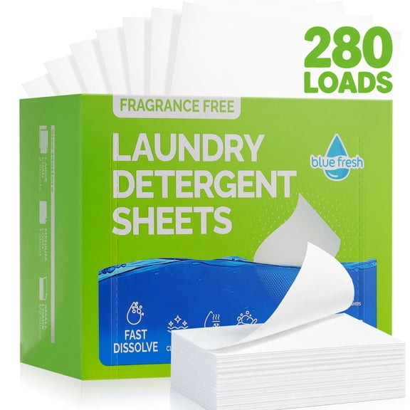bluefresh Laundry Detergent Sheets, Fragrance Free for Sensitive Skin, 280 Count