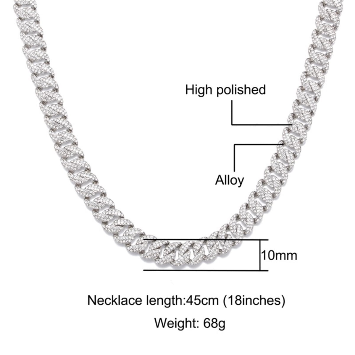 Male 10MM Cuban Chain Necklace for Men Women Iced Out Zircon Hip Hop Jewelry 20inch