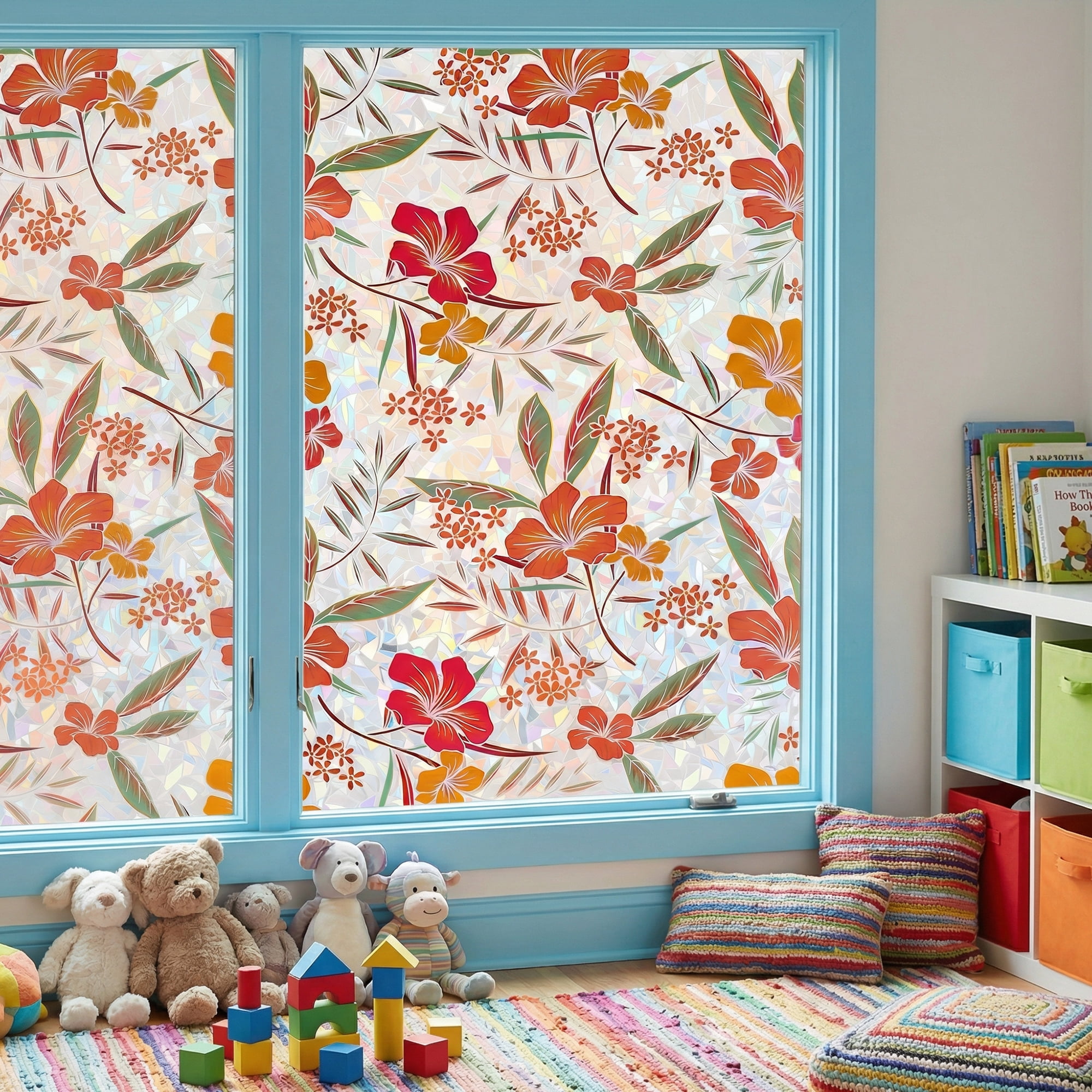 Unique Bargains No Glue Static Cling Flowers Window Film Pink Orange 39.4" x 17.7"