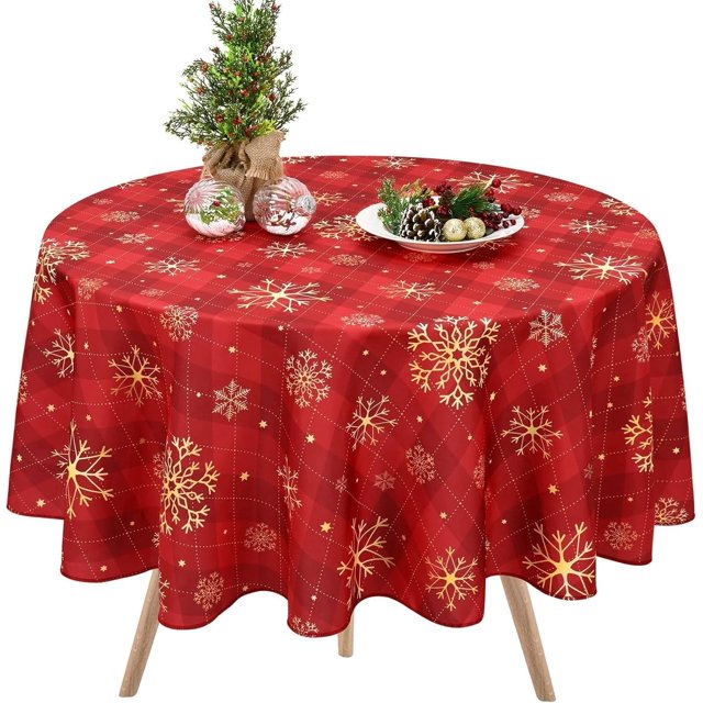 Christmas Tablecloth, Gold Snowflake Christmas Table Cloth for Winter, Red Buffalo Plaid Christmas Tablecloths, Waterproof Table Cover for Table, Kitchen, Dining, Holiday, 60 Inch Round