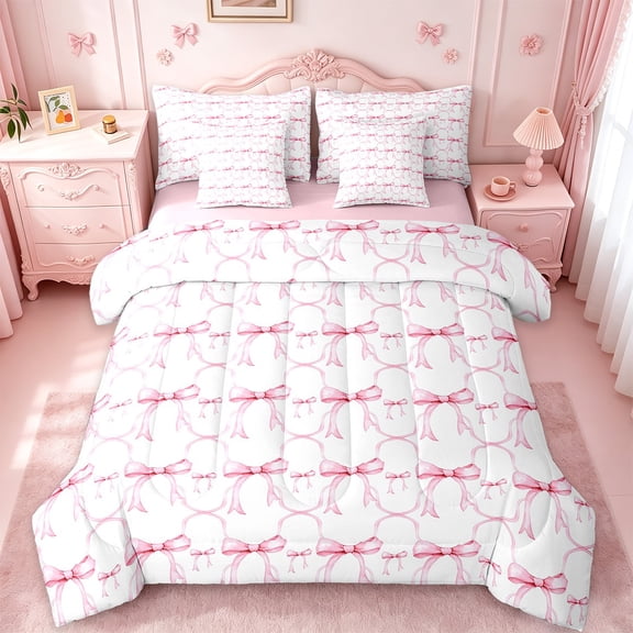 Manfei Cute Bowknot Bedding Sets Twin Size,Girls Ribbon Bow Comforter Sets with Sheets,Pink White Bed in a Bag Twin Size For Girl,Breathable Bedroom Decor Reversible,7-Piece