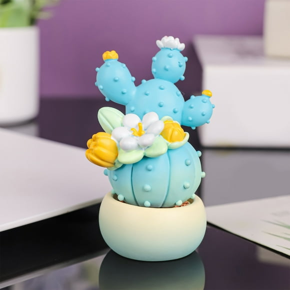 Mini Resin Cactus Figurines Miniature Blue Cactus Potted Plants with Colorful Flowers Car Dashboard Decorations Artificial Cacti Plants Statue with Gradient Color Flower Pot Landscapes Bonsai Home