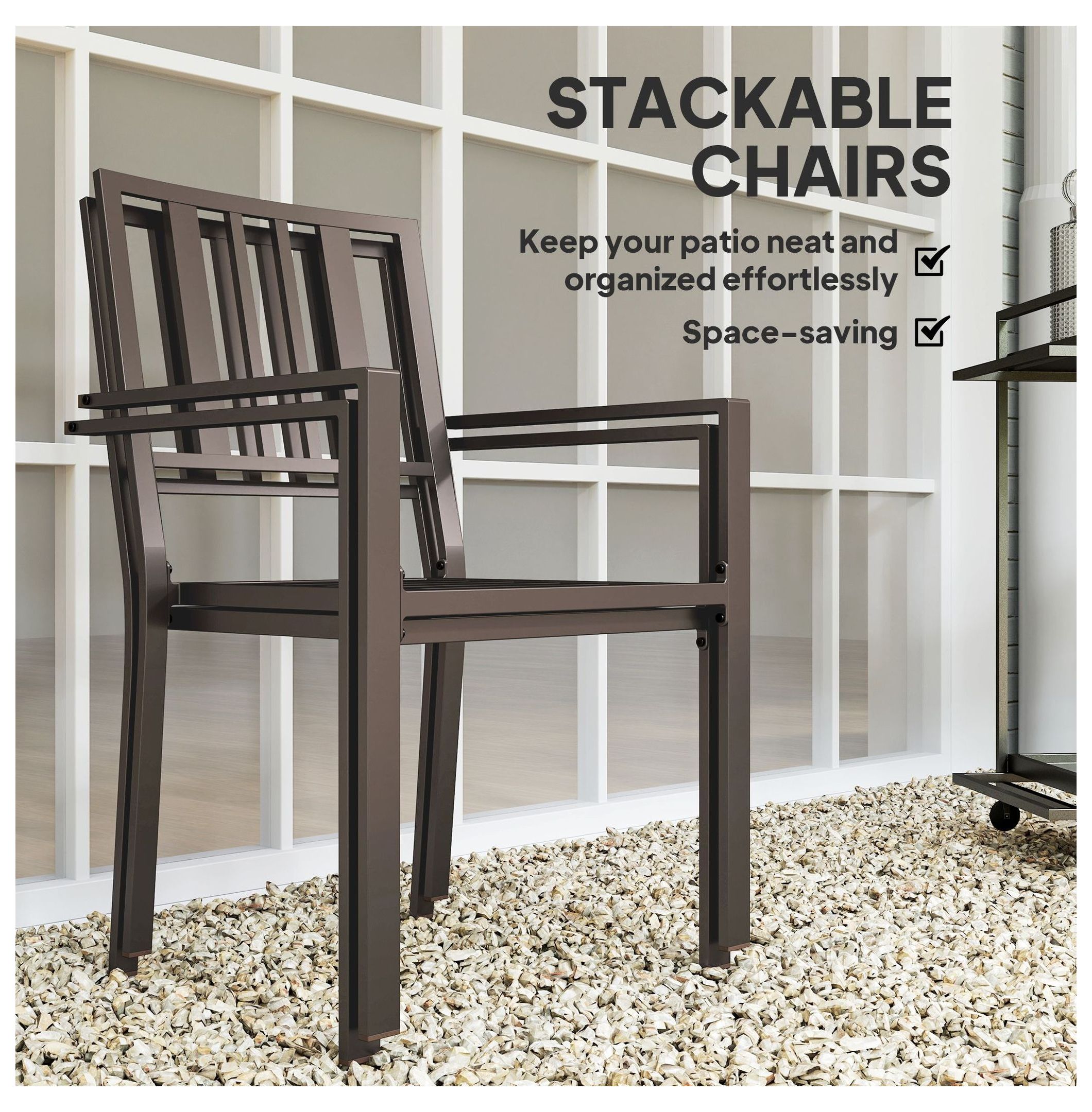 Metal Patio Dining Chairs Set of 2, Dark Brown Slatted Outdoor Chairs