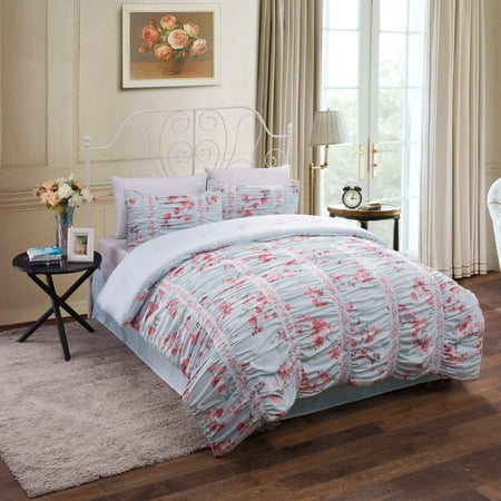 Ruched Floral Cotton Bedding Comforter Set - Walmart.com
