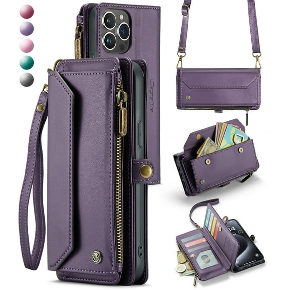 Crossbody for iPhone 15 Pro Max Case Wallet【RFID Blocking】with 10-Card Holder Zipper Bills Slot, Soft PU Leather Magnetic Shoulder Wrist Strap for iPhone 15 Pro Max Wallet Case Women