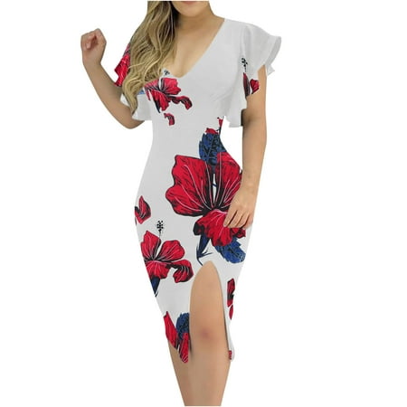 

Juebong Women Casual Sexy Deep V-Neck Mini Dress Slit Sleeveless Ruffle Buttocks Dress