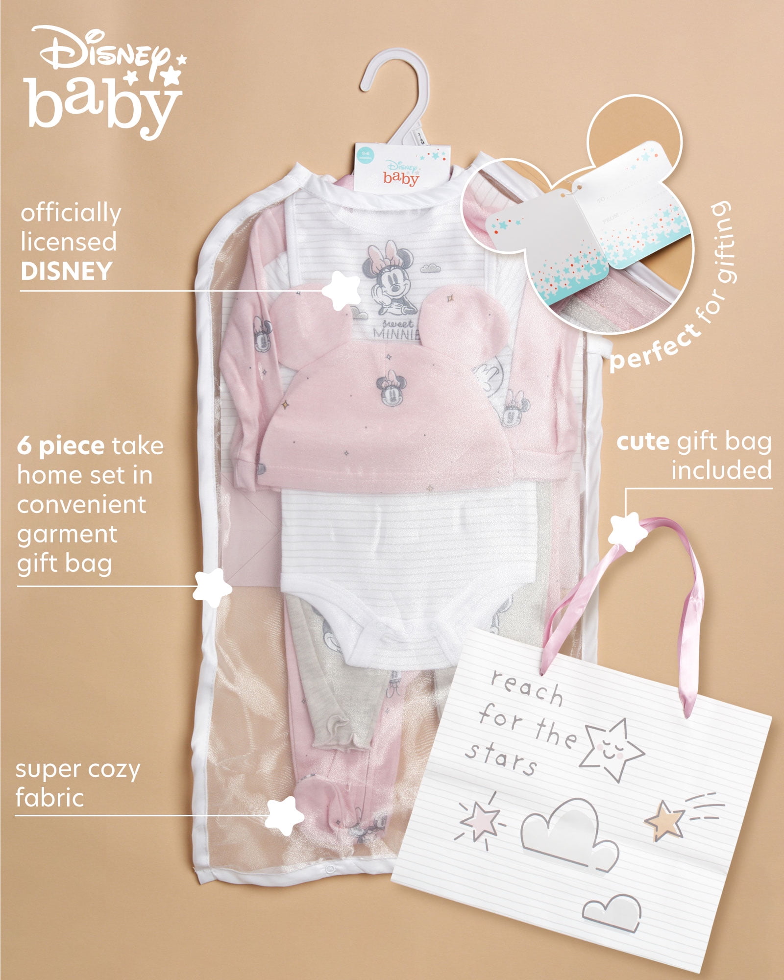 Disney Newborn Baby Layette Set - 6 Piece Disney Bodysuit Coveralls Sweatpants, Hat, Gift Bag (0-6M)