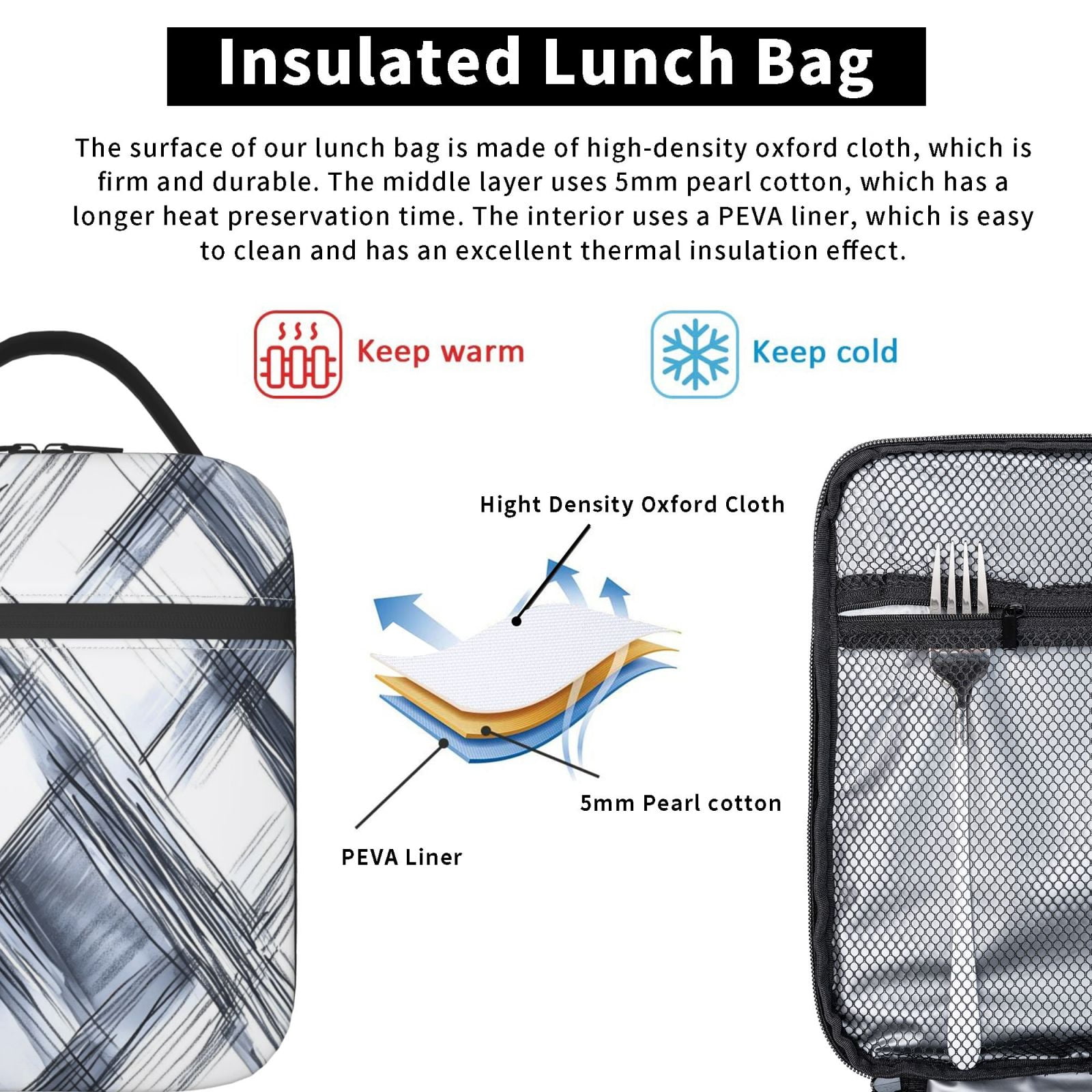 Lunch Bag For Women Men Insulated Portable Lunch Box Bento Box Office Picnic Travel Cooler Bag Silver Checked Hand-Drawn Sketch_1